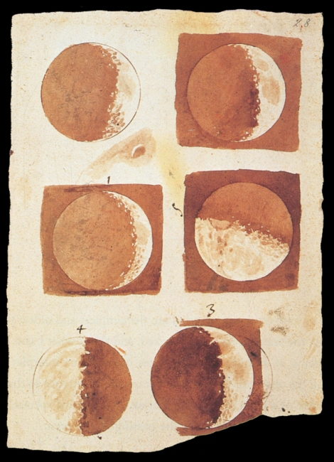 Dibujos de la luna hechos por Galileo. En cierto modo la interpretación de Galileo fue una mentira que ha resultado ser verdad.